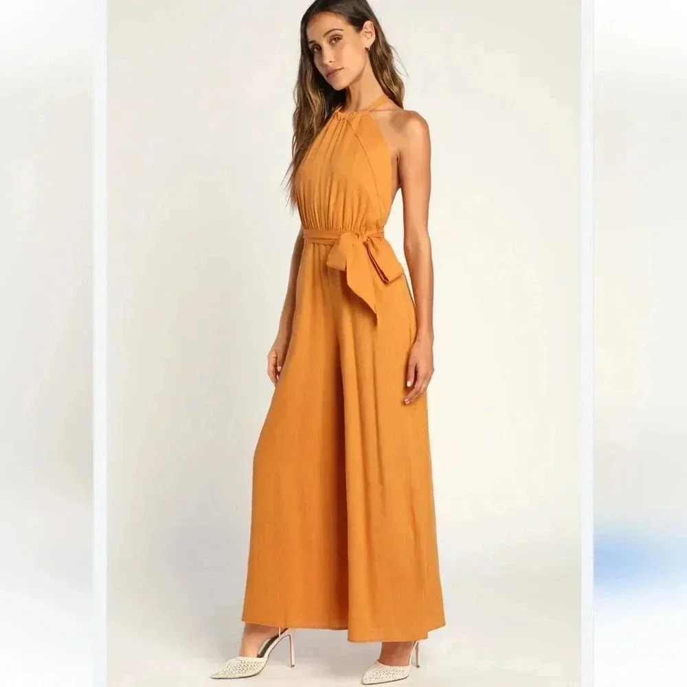 Lulus Reach for Radiance Marigold Halter Wide-Leg Jumpsuit Size M NWT